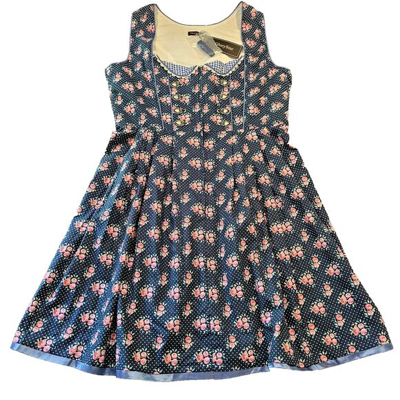 GloryStar Castlecore Pinup Dress German Bavarian Dirndl Size M Blue Pink Roses - Picture 1 of 9
